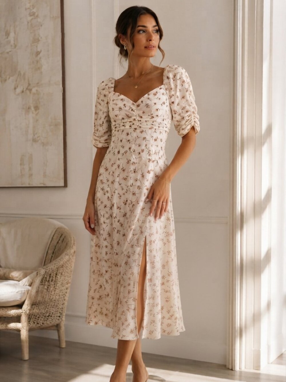 ASTR the Label Floral Midi Dress Sweetheart Neck Puff Sleeves Slit Cream NWT M